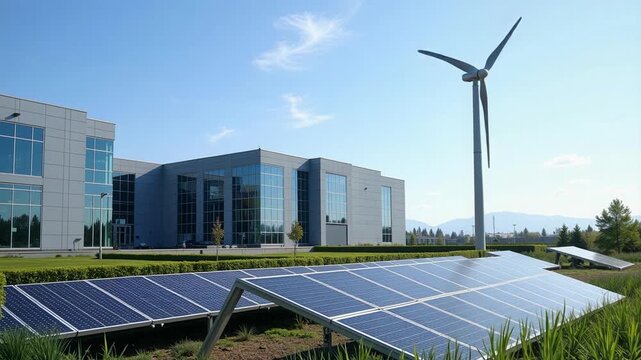 Modern data center complex with solar array and wind turbine integration