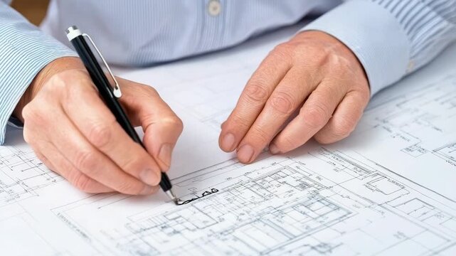 Hands pen drawing blueprint architect plan marking measurements and sketching focused professional