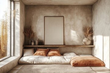 Stylish home chill room interior with a couch, shelf, and decor items, complemented by a mockup frame for custom branding, Generative AI