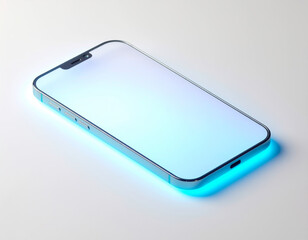 Sleek modern smartphone with metallic frame lying flat on white surface, glowing blue halo effect underneath, symbolizing futuristic technology, innovation, and advanced digital communication design.