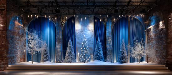 blue stage curtain with christmas concept
