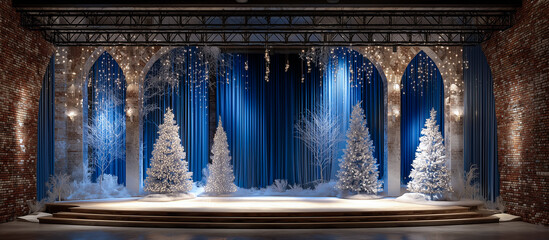 blue stage curtain with christmas concept