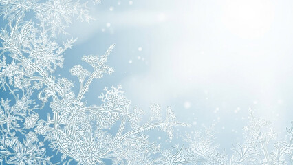 Intricate frosty floral pattern with white and light blue hues on a delicate background with a large empty space