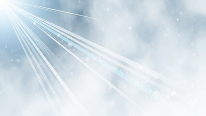 Radiant beams of light bursting through cloudy skies with sparkling snowflakes swirling around