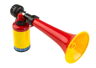 Compressed air horn with red and yellow flare for celebrations and sporting events, capturing attention and creating festive atmosphere in various applications.