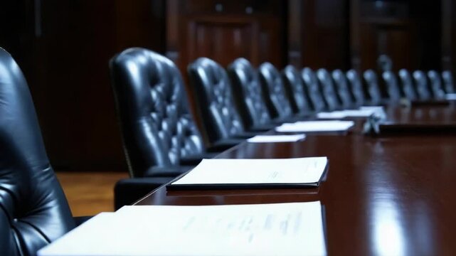 Luxurious leather executive chair conference table with documents and polished wood formal meeting