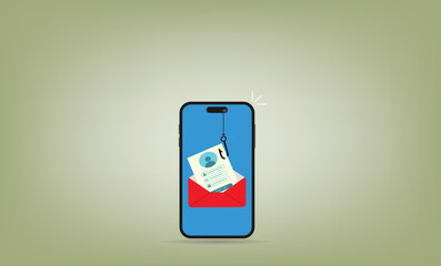 Phishing attack.Hooked login form pulled from an open envelope by a fishhook, symbolizing hacker credential theft and deceptive phishing email
