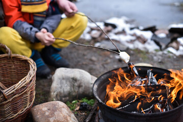 Roasting marshmallows in the backyard. Family fun