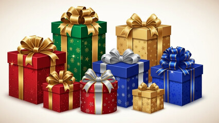 Vibrant multicolored gift boxes with gold, silver and blue ribbons on white background for festive occasions and celebrations