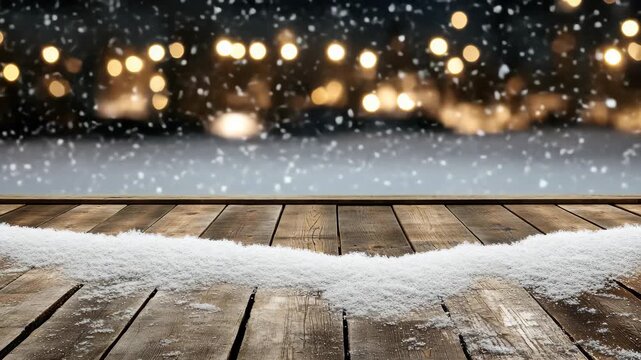 Snow dusting wooden deck with snowfall, warm bokeh festive lights and snow dusted wooden pier night