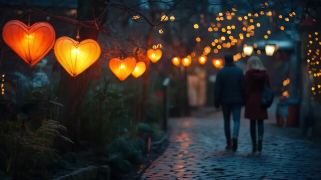 A young couple strolls hand in hand along a beautifully lit path adorned with heart-shaped lanterns. The evening atmosphere creates a romantic backdrop for their love-filled walk. Banner