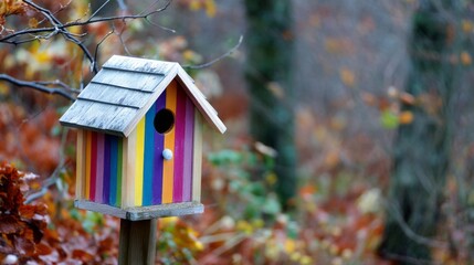 A colorful bird house made of wood catches the eye nestled among trees with vibrant autumn leaves. Bright stripes adorn its sides, inviting feathered visitors to make a cozy home