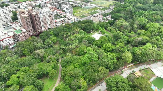 Aerial bird's eye view of lush urban park in Chiayi, Taiwan. Features dense green forest, public playground, and traditional Chinese temple architecture. 4K Drone