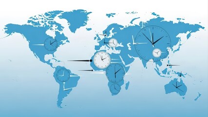World map with multiple clocks showing different time zones, global time concept.