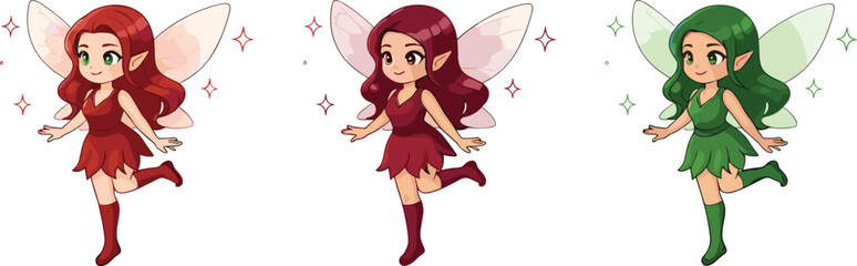 Whimsical cartoon fairies with colorful wings, sparkling stars, and vibrant dresses for fantasy, children’s design, and decoration