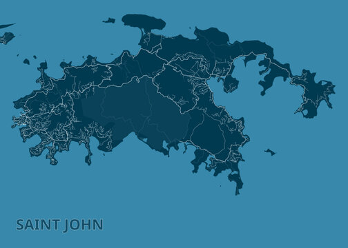 Map of Saint John Island. The island is depicted in a dark teal color, with lighter teal lines indicating roads and boundaries. The surrounding water is a similar teal hue.
