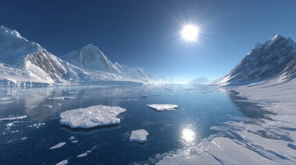 Frozen Majesty: Breathtaking panorama of a pristine icy landscape, where towering snow-capped peaks and glaciers meet the crystalline waters of the Arctic Ocean under a bright, radiant sun. 