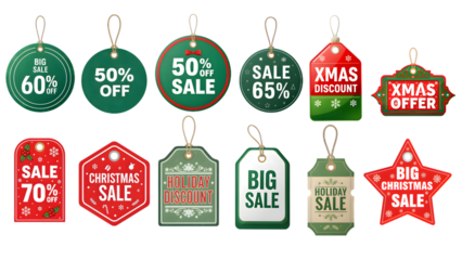 Vibrant Christmas sale tags for holiday shopping promotions transparent background 