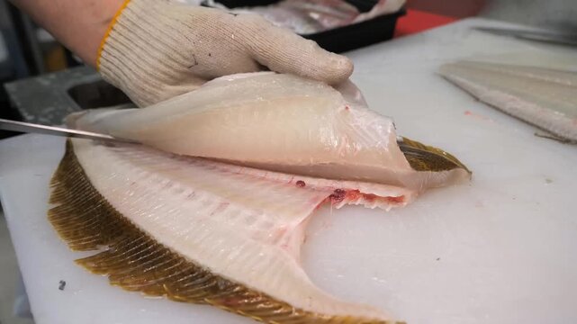 A skilled chef wearing protective gloves expertly uses a sharp knife to fillet a fresh flatfish on a clean white cutting board, preparing delicate seafood for culinary use.