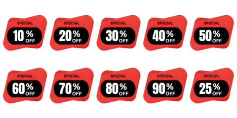 Discount labels with percentages off on red transparent background