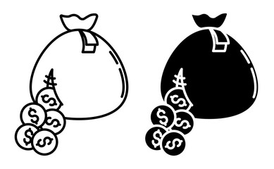 Linear icon. Money is pouring out of a leaky old bag. Simple vector isolated on white background