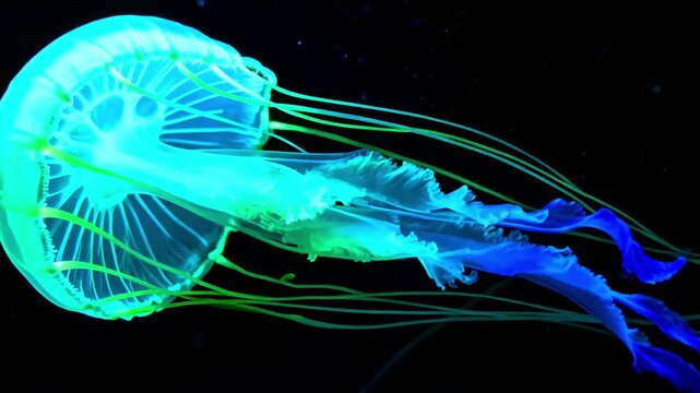 Bioluminescent jellyfish glowing neon blue and green tentacles underwater marine life deep sea creature aquatic animal ocean invertebrate glowing organism ethereal light vibrant color dark background 