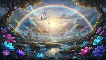 Enchanted pixelated forest landscape with vibrant rainbow glowing flowers sparkling butterflies and majestic mountains under a gentle sunrise illuminating the serene valley
