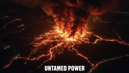 Dramatic aerial view of a volcanic eruption at night with glowing lava flows illuminating the surrounding landscape and smoke billowing into the dark sky.