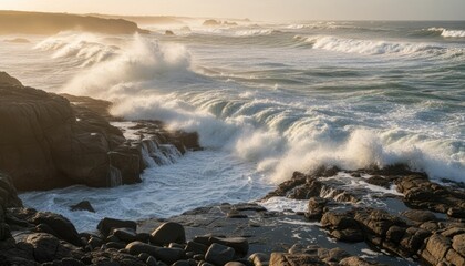 Dramatic Ocean Waves Crashing Against Rocky Shoreline at Golden Hour with Spray Mist Under Warm Sunlight