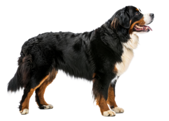 Majestic Bernese Mountain Dog standing profile indoors with tongue out panting and alert expression, perfect for pet care content or advertising pet products
