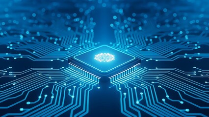 Abstract digital circuit board background with glowing central processing unit concept