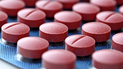Close-up of red pharmaceutical tablets in a blister pack