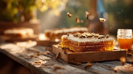 Golden Honeycomb with Bees and Jars, Natural Harvest Scene, Rustic Table and Soft Light, Ideal for Food and Nature Themes in Stock Photography