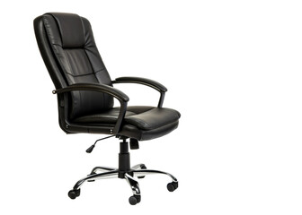 Fototapeta premium Comfortable black leather executive office chair with fivestar base and casters, perfect for modern workspaces and home office setups.