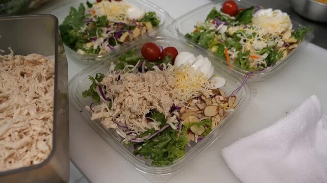 A chef is carefully scooping shredded chicken to add to multiple healthy prepackaged salads, which feature an assortment of fresh greens, vibrant vegetables, crunchy almonds, and savory cheese.