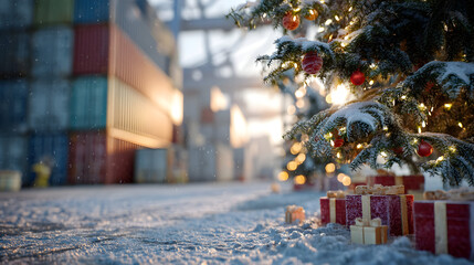 Christmas tree branches with gifts on snowy industrial port, containers in background, concept of Christmas celebration in the industrial setting and environment.