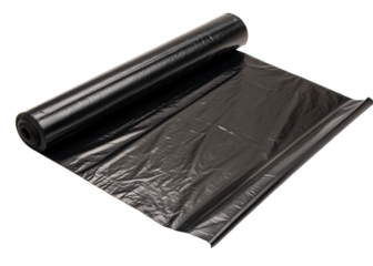 Roll of black plastic sheeting for construction, landscaping, and protection, unrolling to reveal a smooth, reflective surface ideal for various DIY and industrial applications.