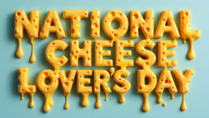 Dripping cheese letters spell out national cheese lover's day on a light blue background
