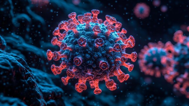Microscopic view of a virus particle in dark blue and red light