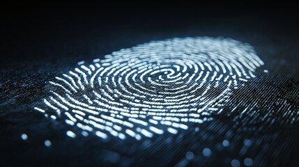 Glowing fingerprint maze pattern biometric security digital identification futuristic technology abstract background illuminated closeup cyber blue mysterious