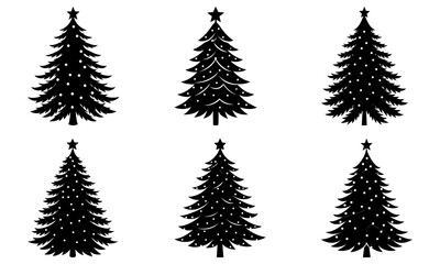 Fototapeta premium Six Christmas Trees with Stars and Dots on White Background black silhouette
