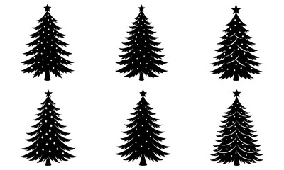 Obraz premium Six Christmas Trees with Stars and Decorations on White Background holiday silhouette