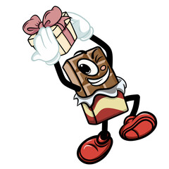 chocolate cartoon character jumping and carrying a gift box