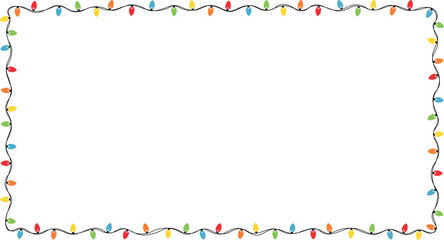 Rectangle frame border with festive string of colorful Christmas lights for web presentation, story , greeting card, social post, banner, ads, vector isolated on white background
