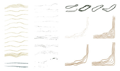 Set or grungy textured hand drawn organic wavy lines, distressed textures and corner elements