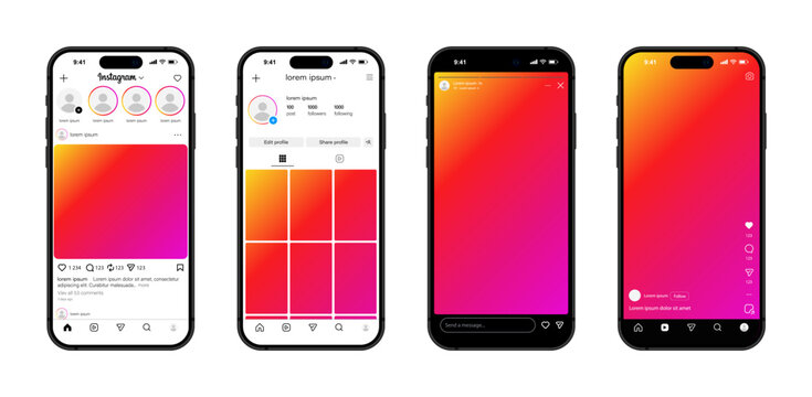 Instagram template app screens on Apple Iphone mockup set. Realistic Instagram interface on smartphone: profile, post, message, shop, icons set. Editable text and blank frames. Editorial Vector.
