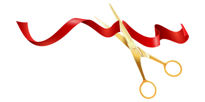 Golden scissors cutting red silk ribbon for grand opening ceremony, realistic inauguration concept isolated on transparent background - Powered by Adobe