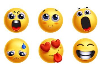 Group of 3D yellow emoji faces with shocked angry and love expressions, funny social icons isolated on transparent background