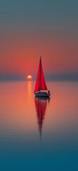 Fototapeta premium Sailboat navigating open water, catching warm sunlight during a tranquil evening voyage. Red sailboat cruising ocean at golden sunset