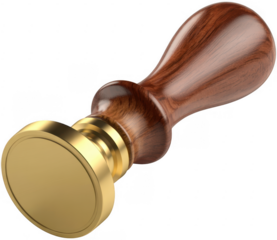 Wooden handle wax seal stamp with gold base isolated on a transparent background